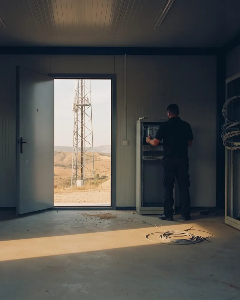 A technician installs equipment in a new telecoms shelter.