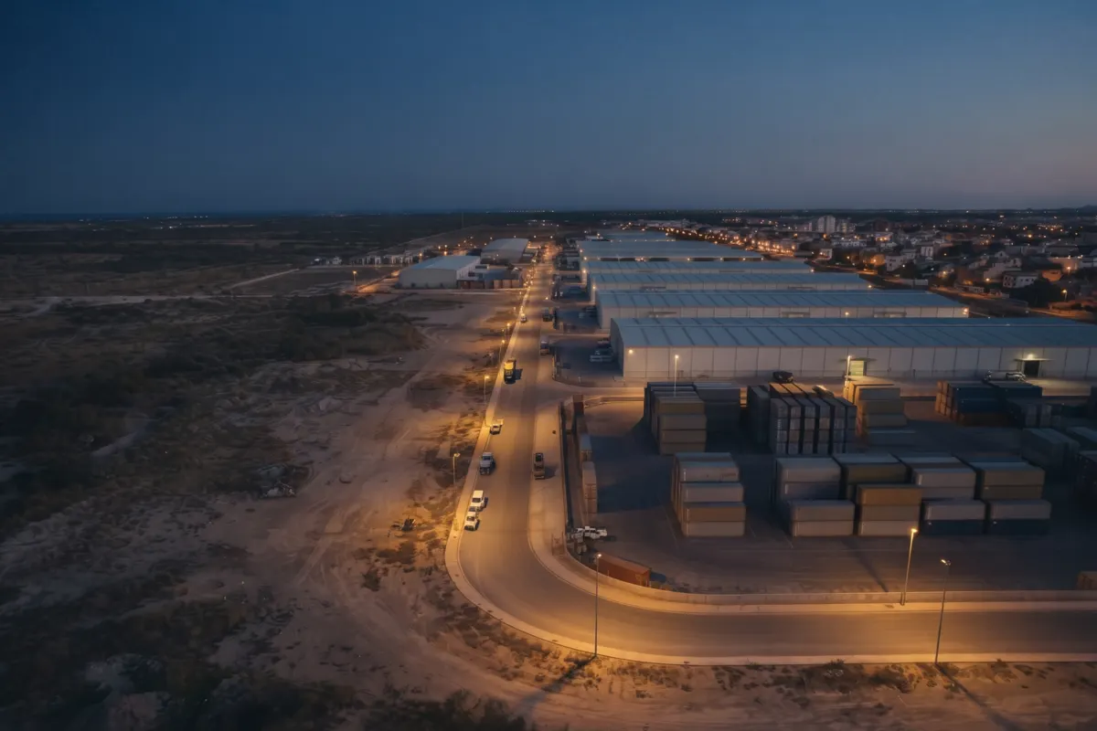 Warehouses and a container yard in a new industrial zone.