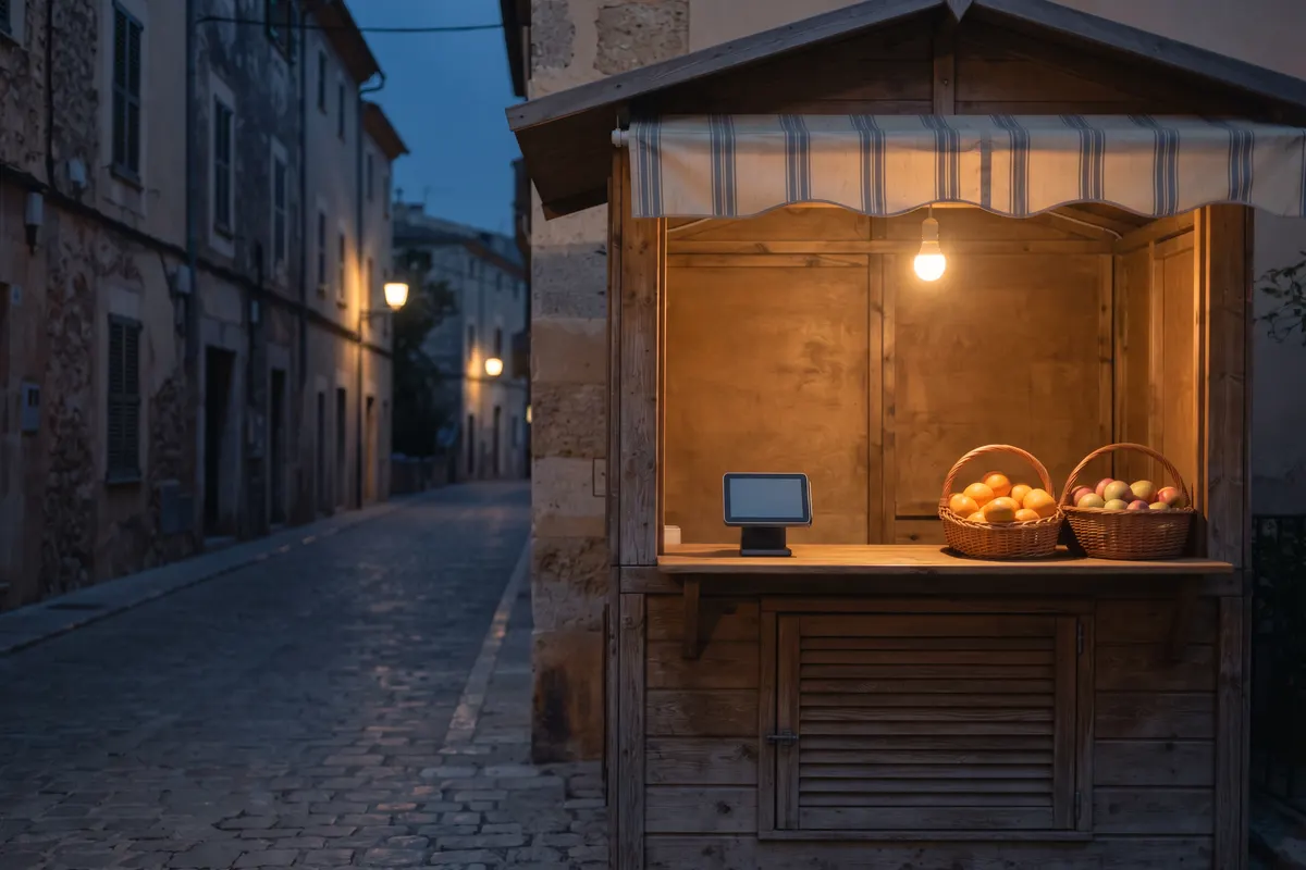 A market kiosk with a card payment terminal on the counter.