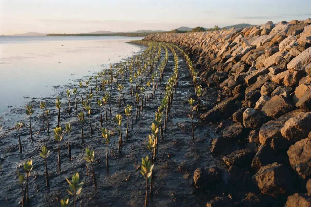 Mangrove seedlings planted beside a new seawall.