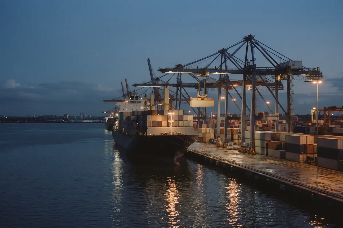 A container ship being loaded at a port terminal.