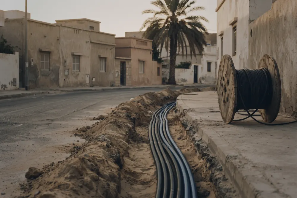 Fibre-optic ducts laid in a trench beside a city street.