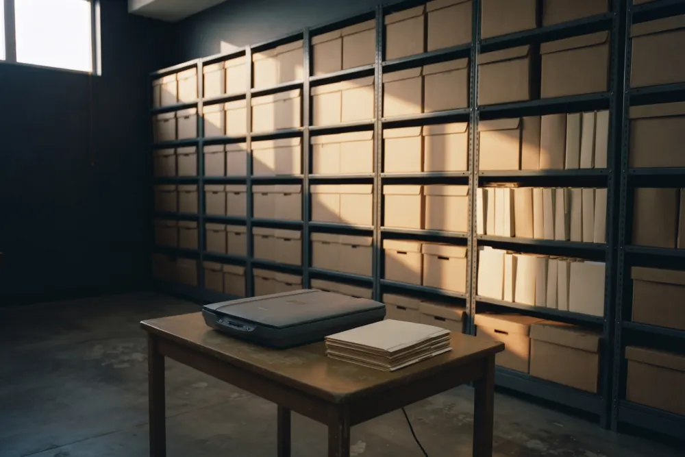 Shelves of paper case files beside a document scanner in a records office.