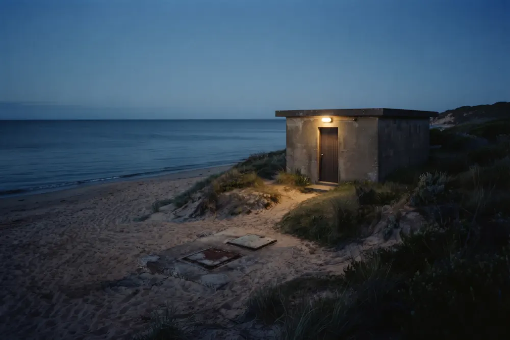A cable landing station above a beach, where subsea data cables come ashore.