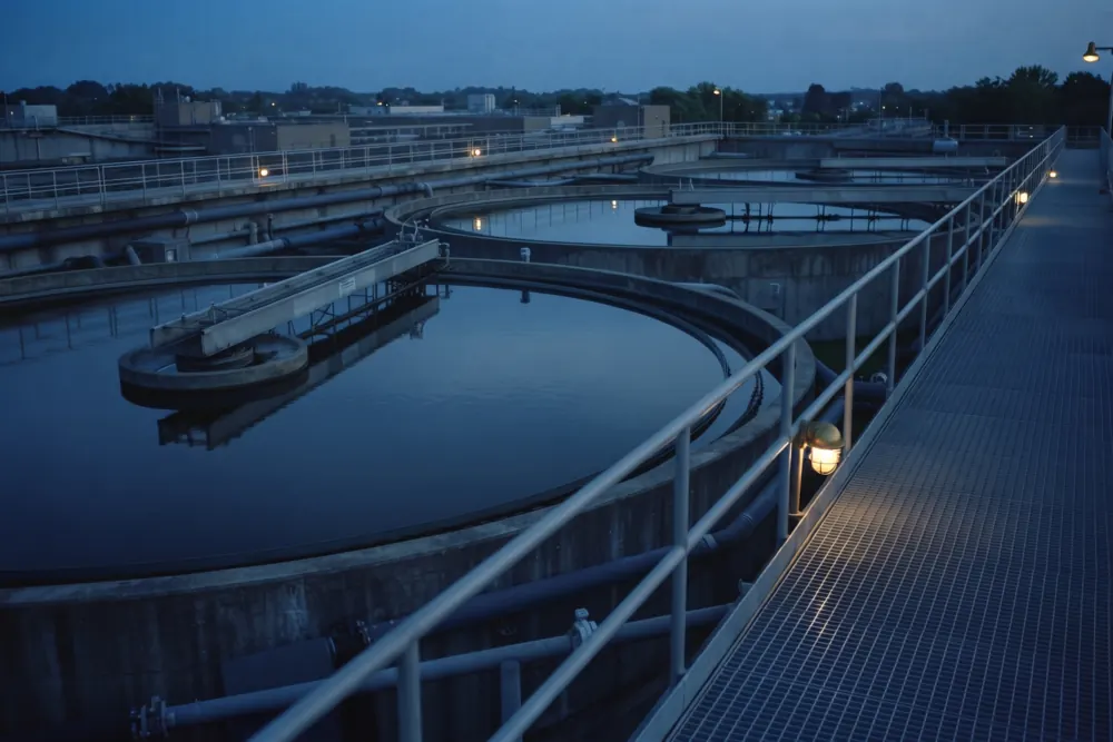 Clarifier tanks at a water treatment works at dusk.