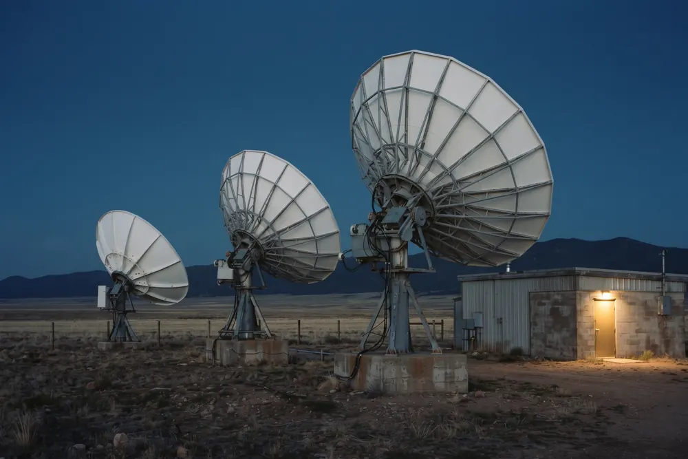 Satellite ground-station dishes on a plateau at dusk.