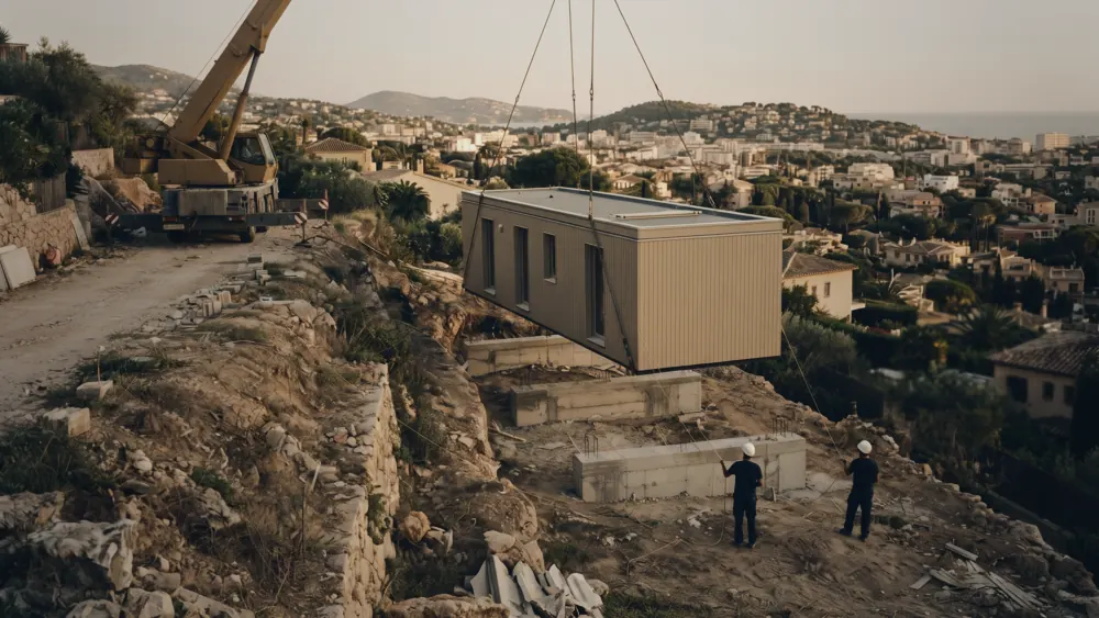 A crane lowers a factory-built housing module onto its foundations.