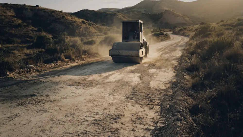 A roller compacts the base of a new rural road.