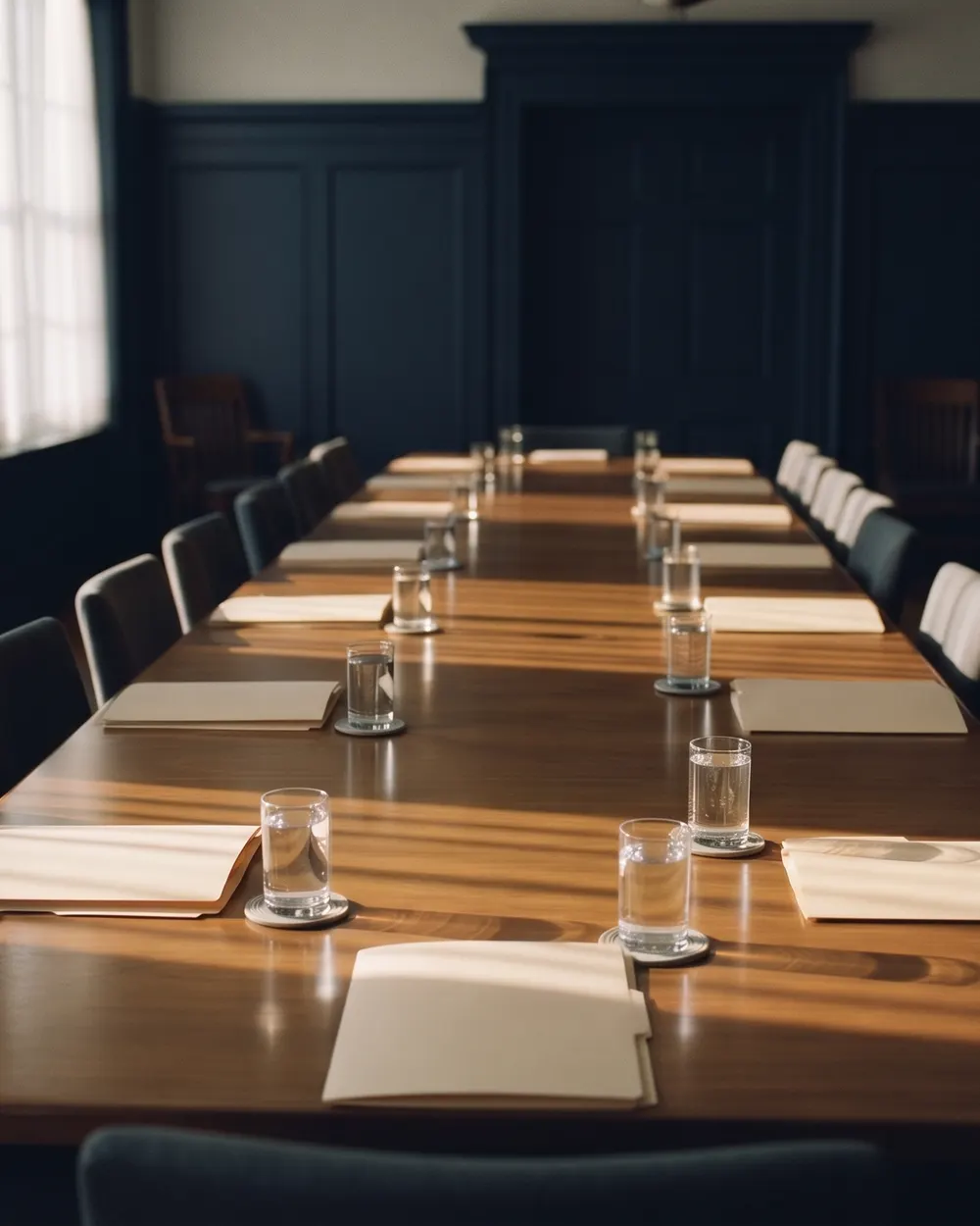 An empty meeting room set for a working session, folders closed on the table.