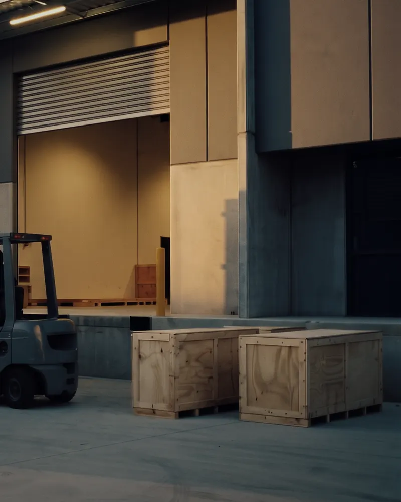 Equipment crates being unloaded at a new facility.